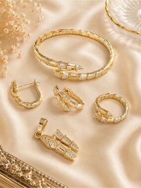 Gold Tone Crystal Snake-Inspired Jewelry Set